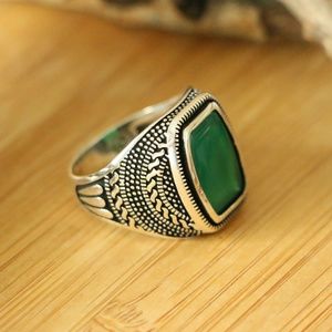 Green Stone Silver Men's Signet Ring